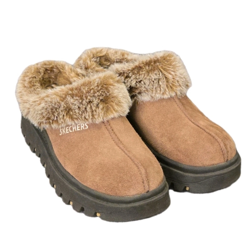 Y2k Brown Sketchers Leather Sz 7.5 Faux Fur Mules Jammer Fortress Slide Clogs